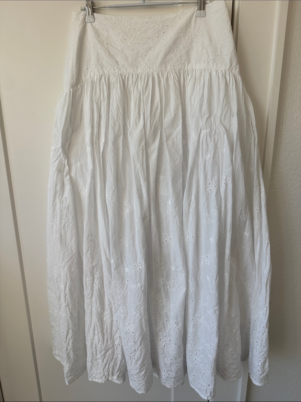 STAUD White Eyelet Maxi Skirt with Gathered Waist